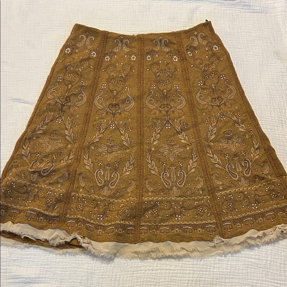 TALBOTS Women’s Embroidered A-Line Skirt Brown Mustard Size 10 Nordic Hippie